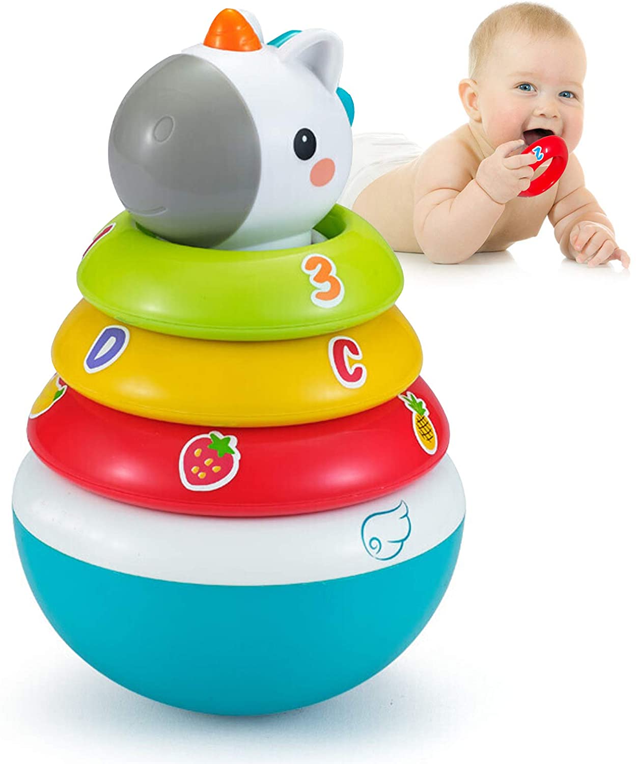 Yiosion Stacking Rings Baby Toy with Unicorn Topper, Weeble Wobble Stacking Toys for 3,6,9,12 Months Boy Girl Gifts, Baby Montessori Sensory Toys 6 to 12 Months Developmental