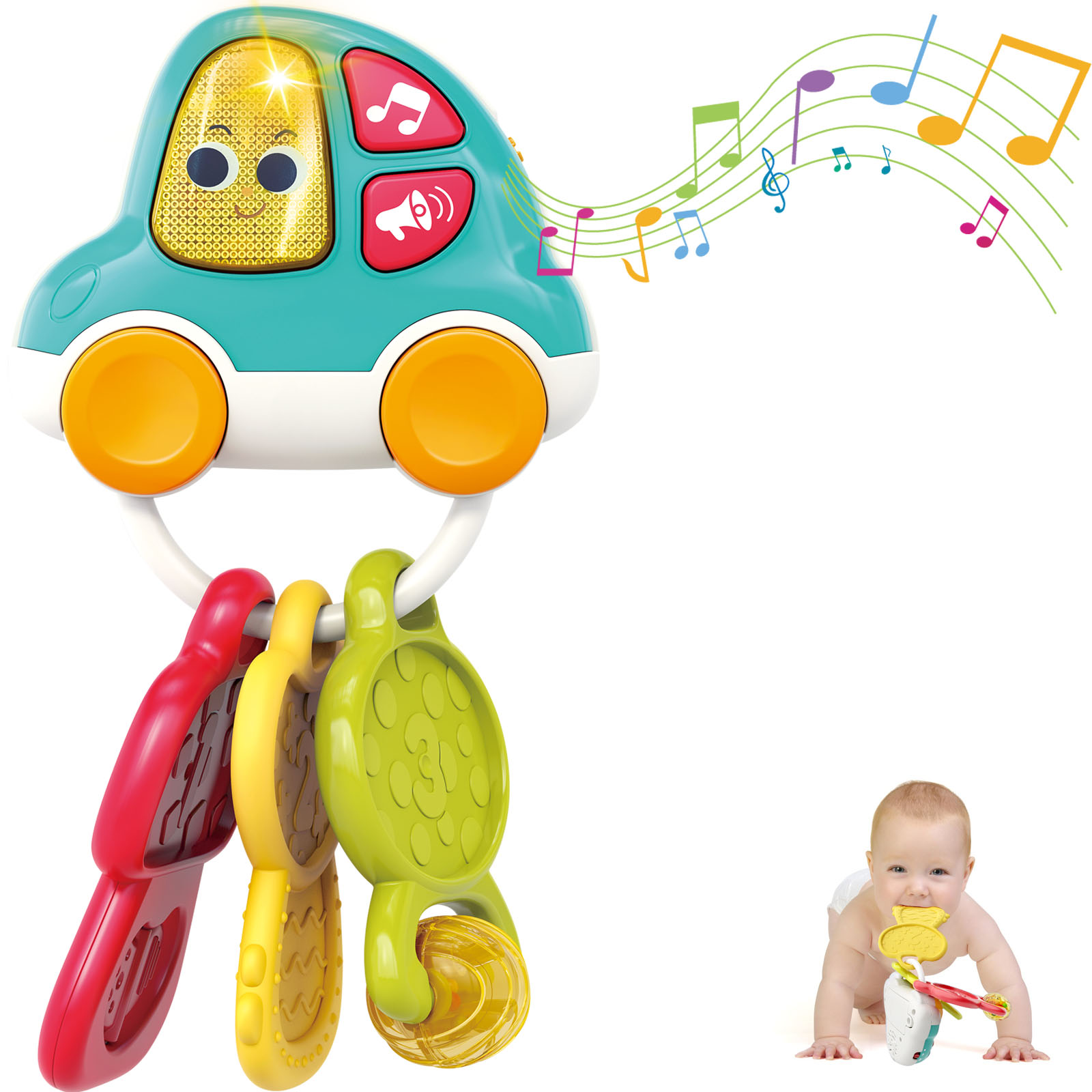 Yiosion Baby Musical Rattle Teether Set, Shaker, Grab and Spin Rattle, Early Educational FunKeys Toy Car Keychain with Light and Sounds, Gift for 3, 6, 9, 12 Month Infant Newborn